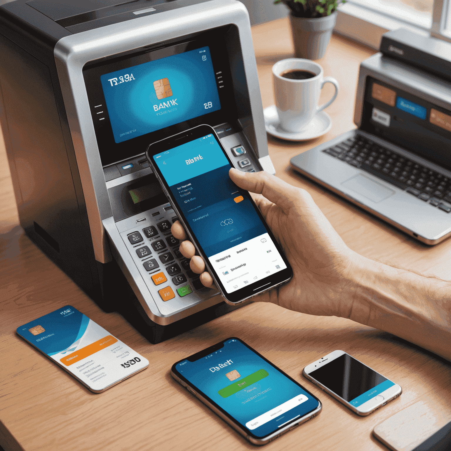 Személyi bankszolgáltatások ábrázolása: bankautomata, bankkártya és mobiltelefon bankszolgáltatási alkalmazással